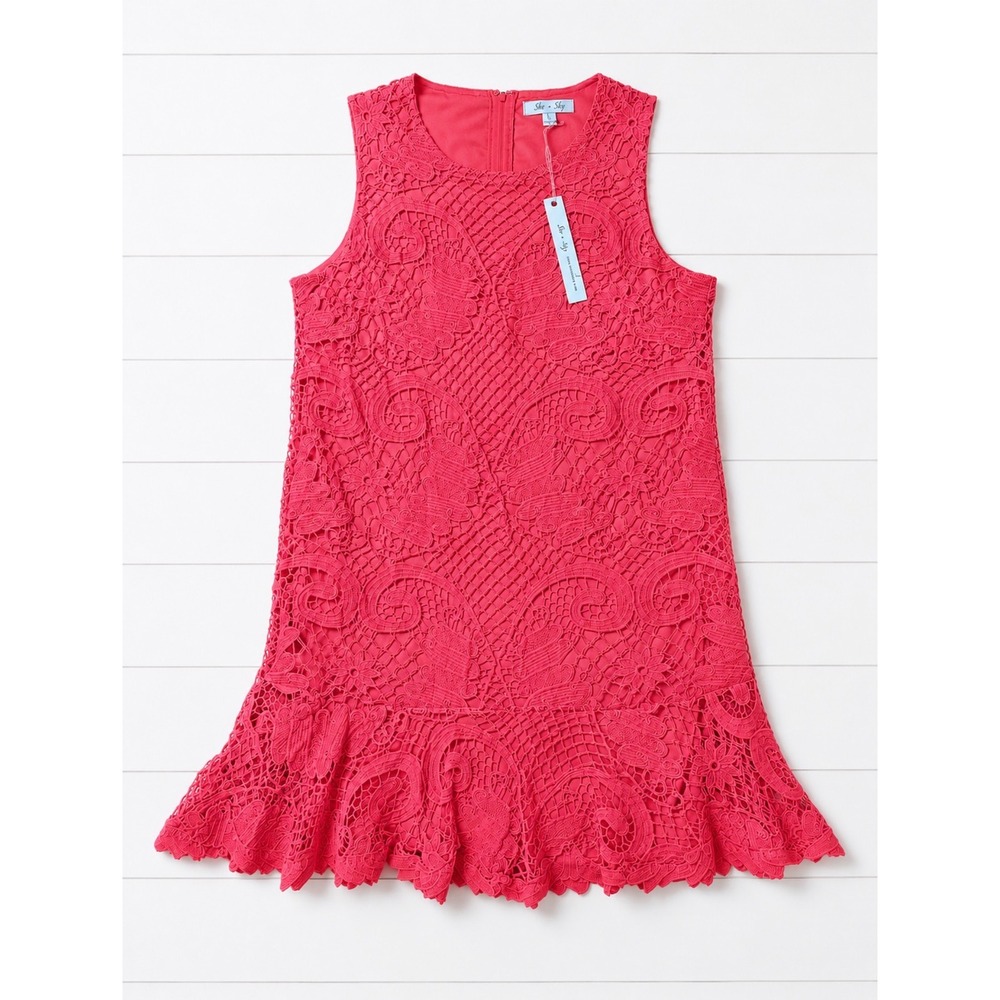 She + Sky Hot Pink Crochet Lace Sleeveless A-Line Flare Dress Large NWT